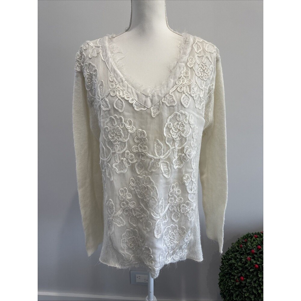 BELLE FRANCE L Knit Top Sweater Ivory Floral Embroidered V Neck Asymmetric